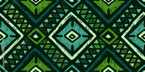 Abstract geometric tribal pattern with hand drawn diamond shapes and triangles in shades of green and teal