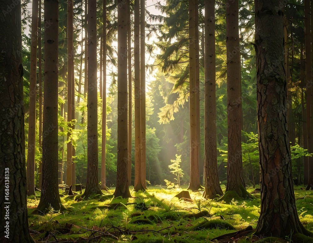 Fototapeta premium Sunlight filtering through a dense forest