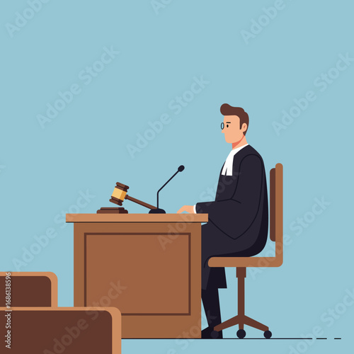 A judge sitting at a desk in a courtroom, ready to preside over a case.