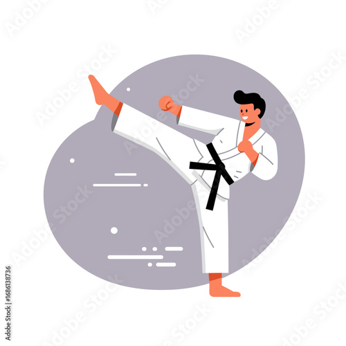 A person performing a high kick in karate attire, showcasing martial arts skills.
