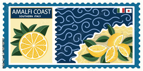 Amalfi coast southern italy illustrated stamp featuring lemons and wavy sea pattern