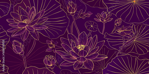 Elegant purple lotus flowers and leaves with golden outline on a dark purple background
