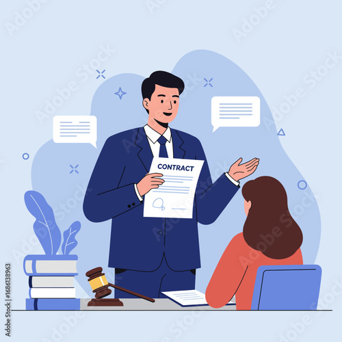 A lawyer discussing a contract with a client in an office setting.