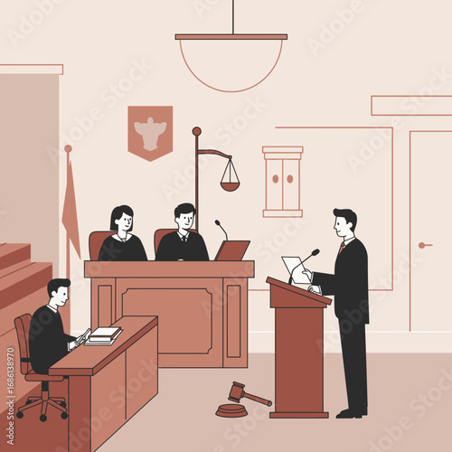 A courtroom scene depicting a legal proceeding with judges, a lawyer, and a defendant.