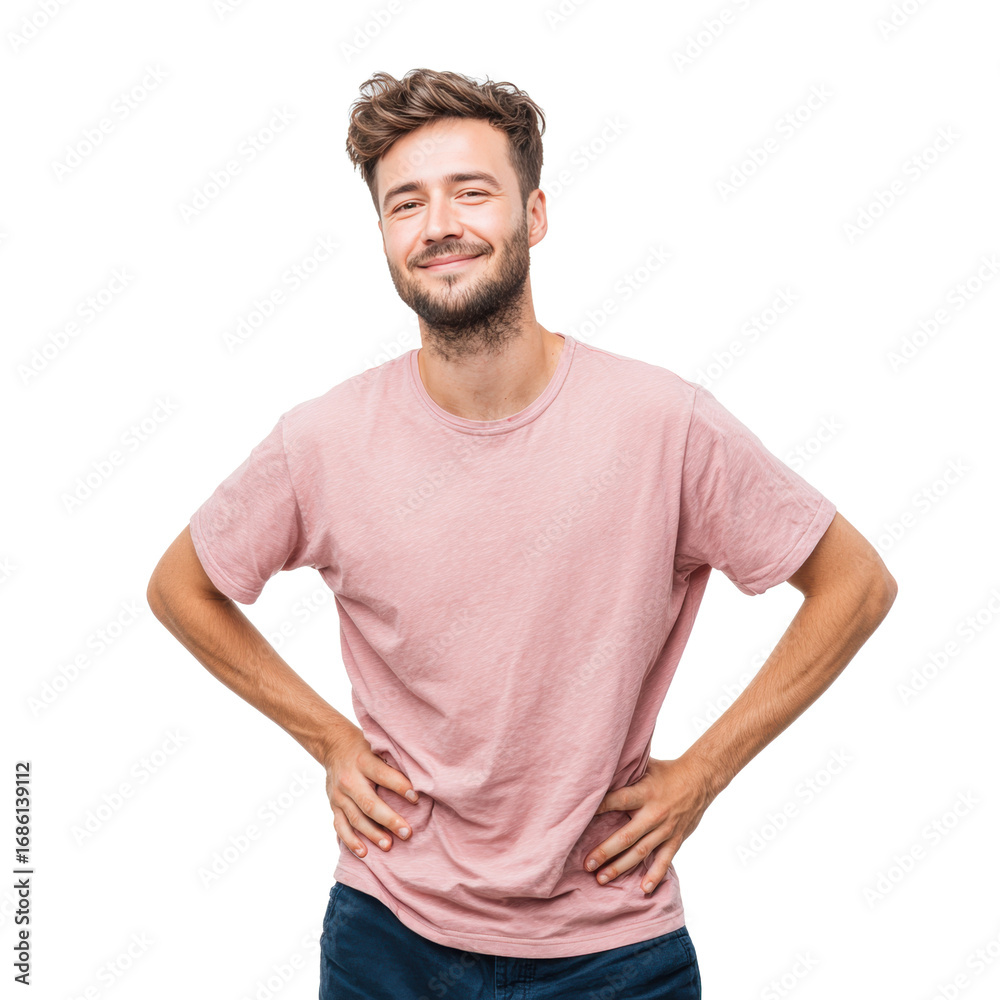 Fototapeta premium Confident smiling man in pink t-shirt with hands on hips