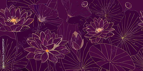 Elegant plum purple lotus flowers and leaves with gold outline seamless pattern