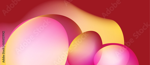 Abstract shapes blend, creating vibrant gradients. Pink, yellow, red hues dominate composition. Smooth forms suggest fluidity, warmth.