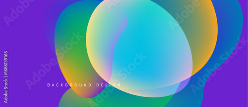 Abstract colorful shapes overlap, creating vibrant gradients. Purple background complements flowing forms, modern design element.