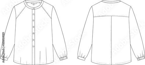Long sleeve blouse technical sketch, front and back view, raglan sleeve, gathered cuff, button placket, yoke, CAD drawing flat vector illustration
