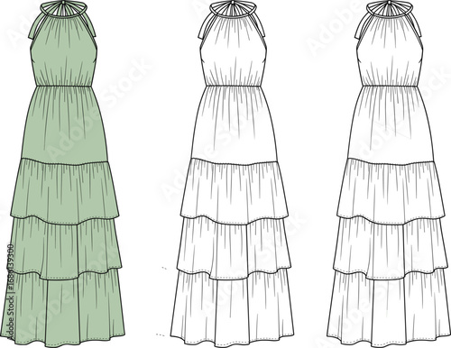 Tiered halter-neck maxi dress fashion sketch, technical garment illustration, CAD flat drawing, apparel design template, vector outline, summer wear