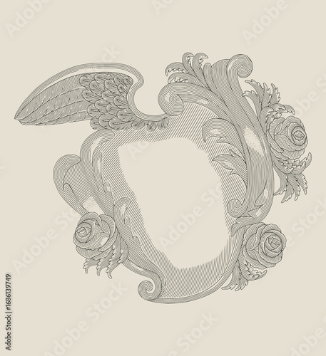 Antique wing frame with rose flower and floral ornament, vintage engraving drawing style illustration