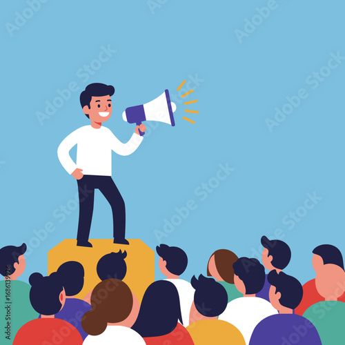 A speaker addresses an audience using a megaphone, conveying a message or rallying support.