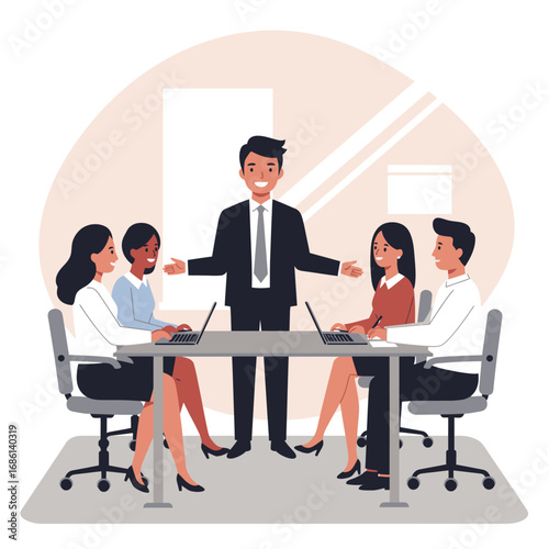 A business meeting with a presenter and four participants at a conference table.