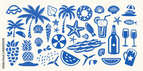 Collection of blue beach and summer icons including palm trees pineapples seashells and drinks on a cream background