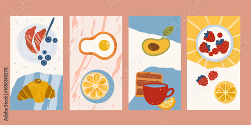 Whimsical flat illustrations of delicious breakfast foods and fruits in a modern style