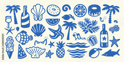 Collection of blue summer vacation icons including palm trees seashells fruits ice cream and ocean elements