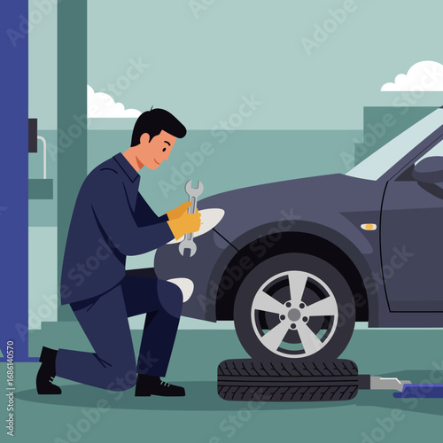 A mechanic kneels by a car, using tools to work on the tire.