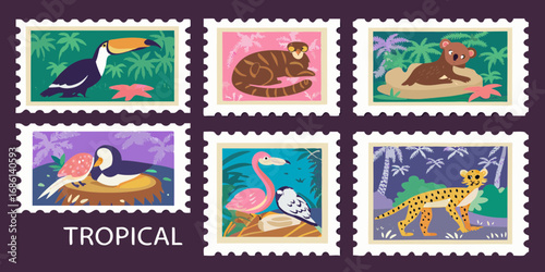 Collection of six colorful postage stamps featuring various tropical animals and lush jungle foliage