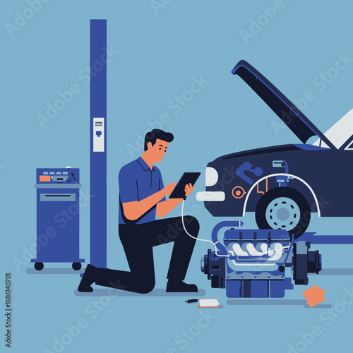 A mechanic works on a car engine while using a tablet for diagnostics.