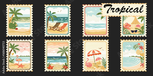 Canvas Print Collection of eight vintage style postage stamps depicting tropical beach scenes