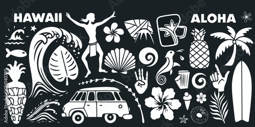 Collection of hawaiian icons and symbols featuring aloha spirit and tropical elements