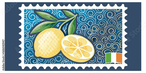Irish postage stamp featuring a stylized lemon branch and a swirling blue background