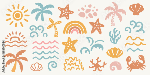 Boho beach elements collection with sun palm trees starfish shells waves coral crab and rainbow