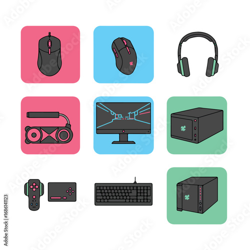 Vector icons of computer peripherals and gaming accessories Each item is on a colored square