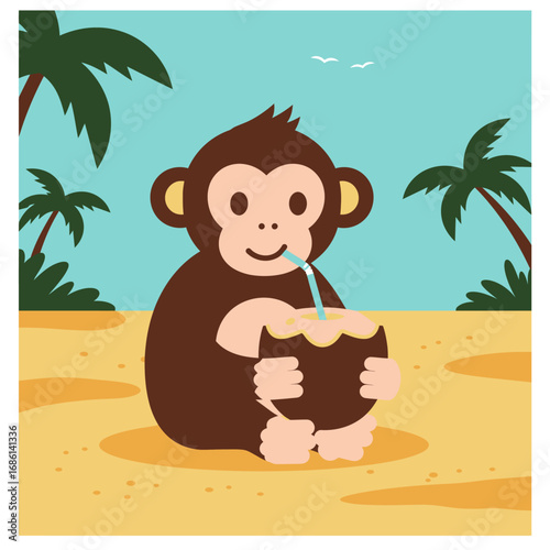 A cheerful cartoon monkey sipping from a coconut on a beach.