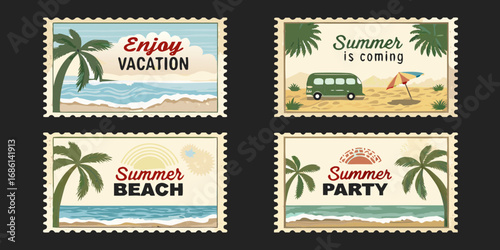 Collection of four vintage style postage stamps featuring summer beach vacation and party themes