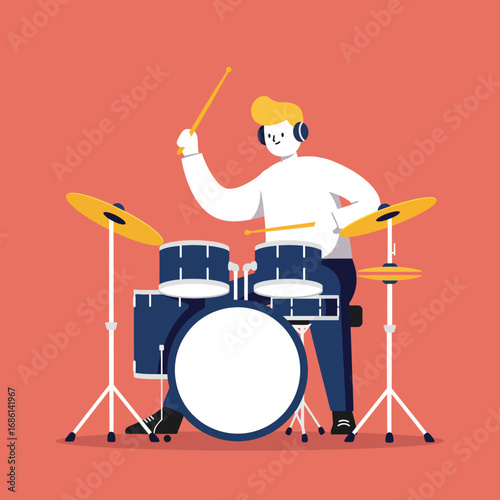 A person playing drums energetically with headphones on a colorful background.