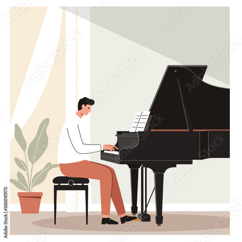 A person playing a grand piano in a well-lit room with a plant nearby.