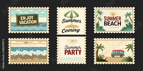 Collection of six vintage postage stamps featuring summer vacation beach and party themes