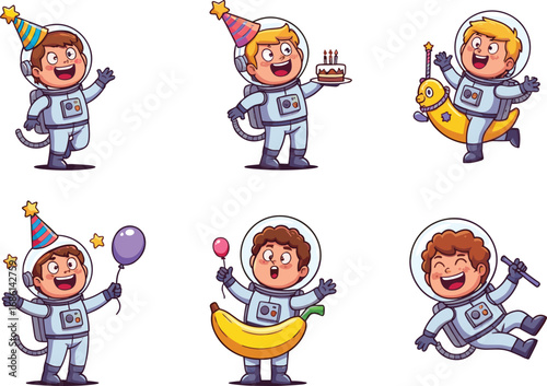 Cartoon astronaut kids celebrating birthday party in space, wearing spacesuit, holding balloons, cake, banana, funny cosmic celebration illustration