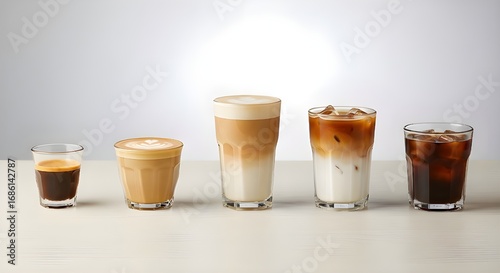 A beautiful assortment of various coffee drinks, from hot espresso and lattes to iced coffee, neatly arranged in a row