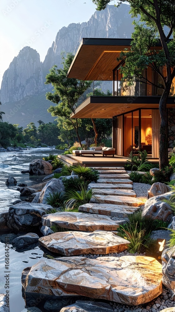 Fototapeta premium Serene Modern House Near River Surrounded by Majestic Mountains