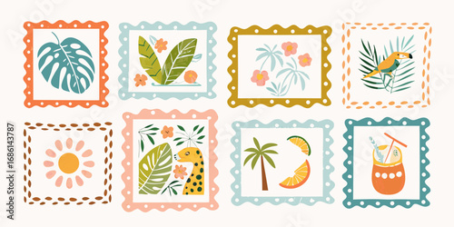 Collection of eight colorful framed illustrations featuring tropical leaves flowers a toucan giraffe palm tree orange slices and a cocktail