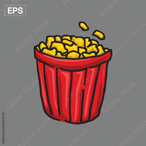 Popcorn overflowing a red container, cartoon style