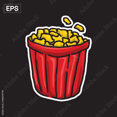 Popcorn overflowing a red container, cartoon style