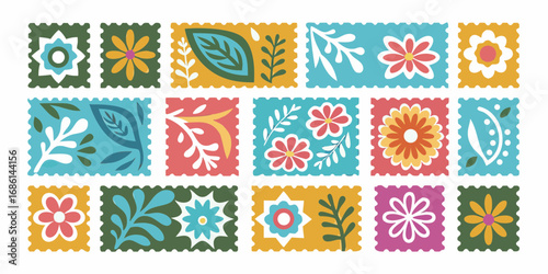 Collection of colorful folk art inspired floral and leaf postage stamps