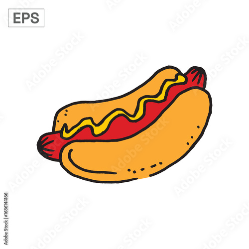 Hot dog with mustard on a bun, cartoon style.