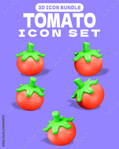 3D Tomato Icon with Green Leaves