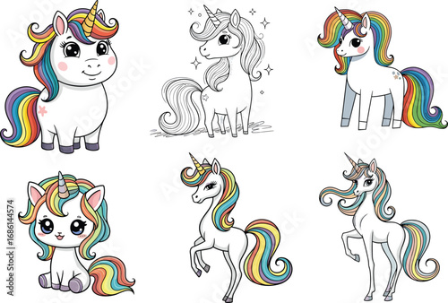 Cute unicorn illustration set with rainbow mane, magical unicorn drawing, fantasy unicorn artwork, cartoon unicorn character design for children