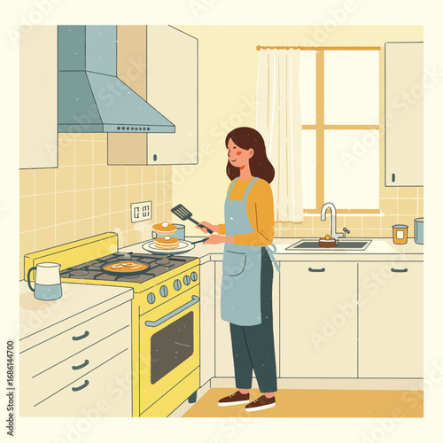 A woman cooking in a cozy kitchen, flipping pancakes on a stove.