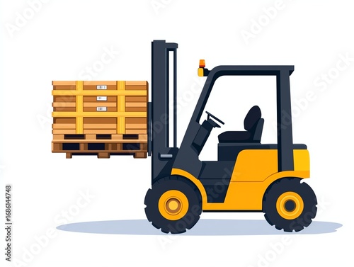 Vector illustration of a yellow forklift carrying a wooden pallet, isolated on a white background.