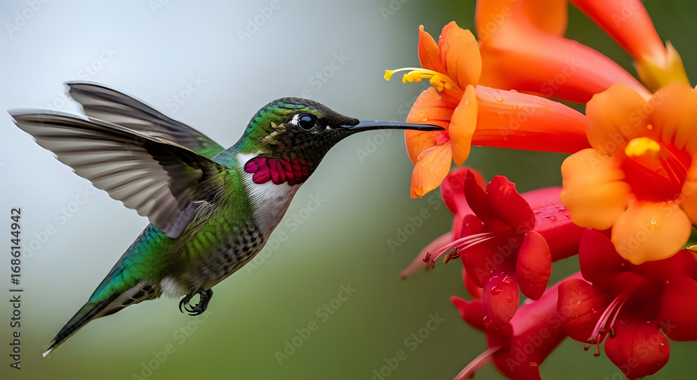 Fototapeta premium Delicate hummingbird gracefully feeding on vibrant trumpet flowers in sun-drenched garden, a stunning moment of nature's beauty, perfect for illustrating conservation and wildlife preservation
