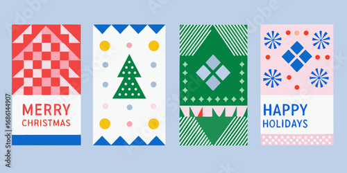 Set of four festive christmas and holiday greeting cards with geometric designs