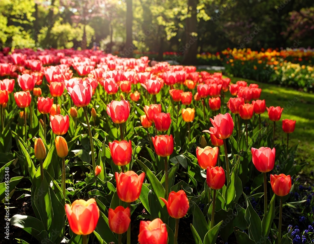 Fototapeta premium Vibrant tulip field bathed in sunlight