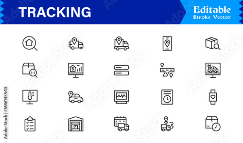 Tracking line icon set featuring pixel-perfect, editable vector graphics. Includes professional, modern, and minimal designs ideal for logistics and location services.