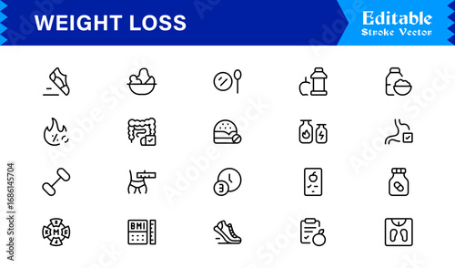 Weight Loss line icon set with modern minimal style, professional health and fitness collection, unique slimming and diet vector icons for clean visual communication, sleek design